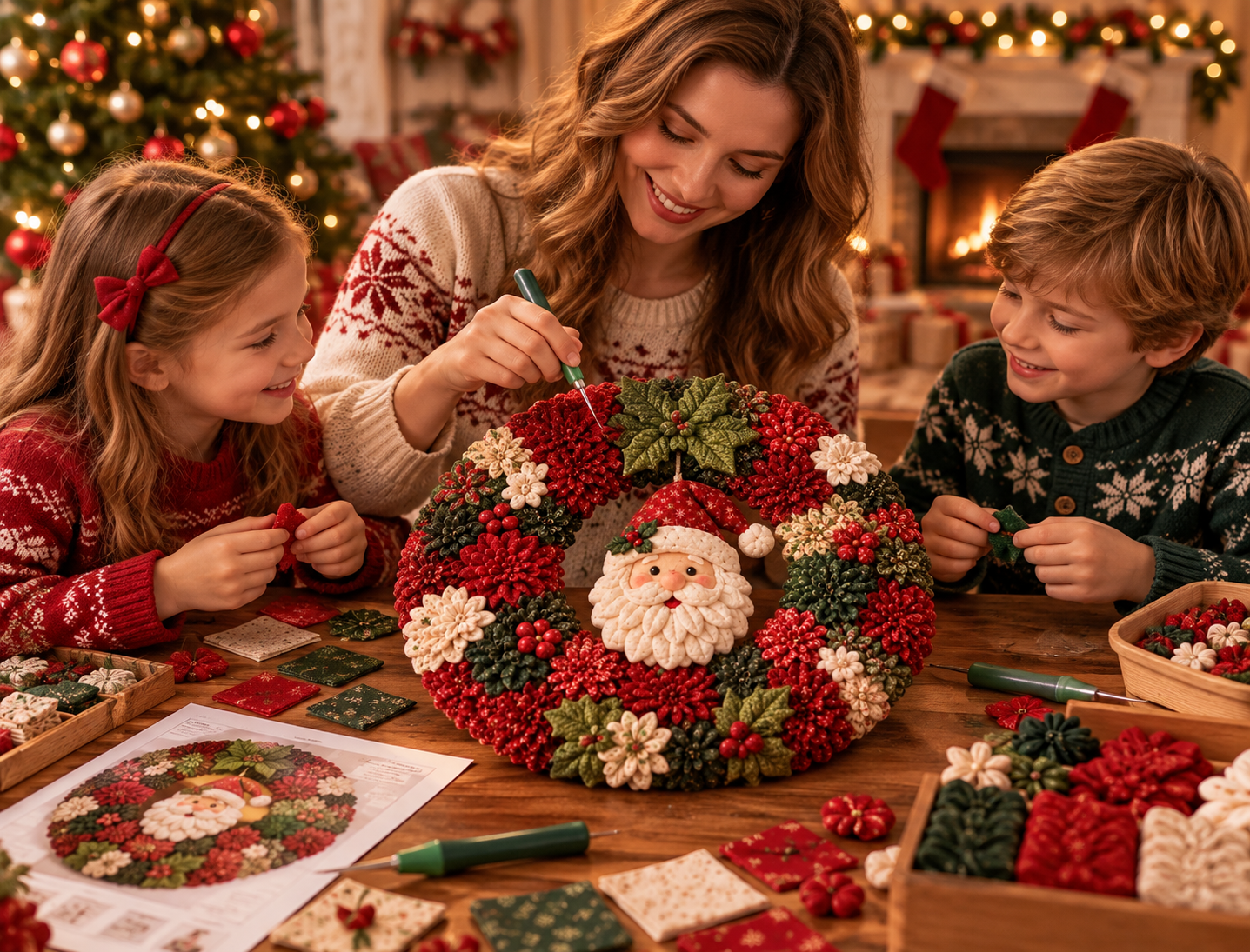 Beginner creating a 3D DIY fabric poke Christmas wreath without sewing