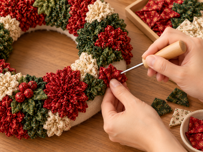 Using a fabric poke tool to create the Christmas wreath
