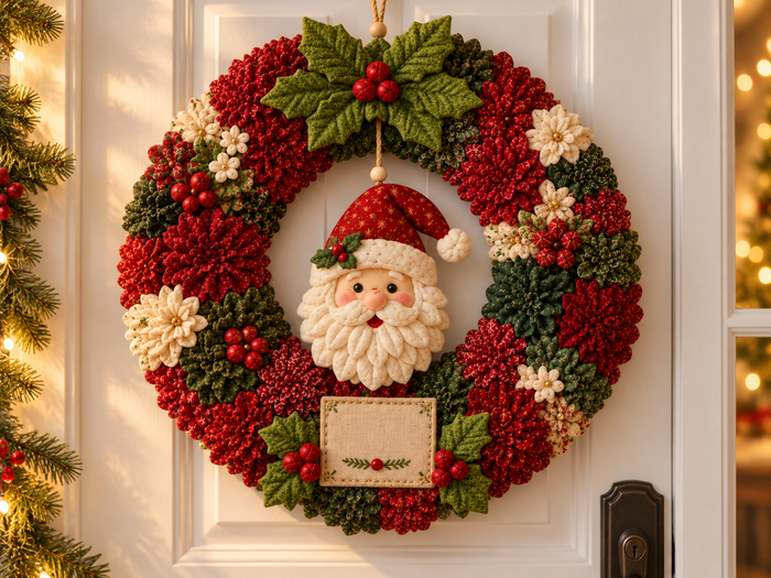 Finished handmade 3D Santa Christmas fabric wreath