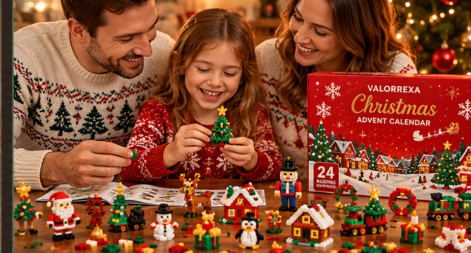 Happy family building Christmas brick ornaments together