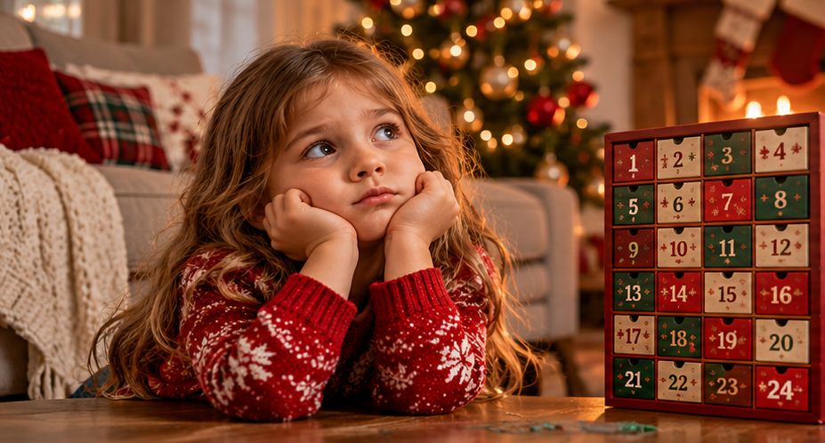 Girl waiting for Christmas in a cozy living room