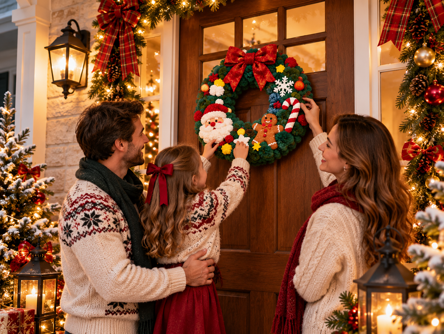 Happy family proudly hanging their handmade 3D fabric poke Christmas wreath on the front door