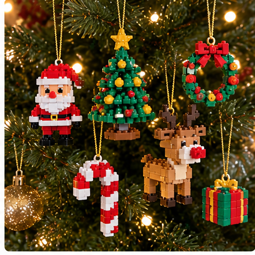 Mini brick Christmas ornaments hanging on a Christmas tree