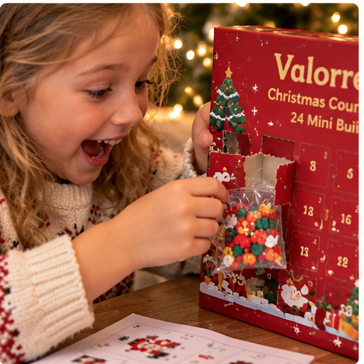 Excited child opening a Christmas advent calendar compartment