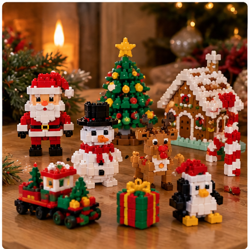 Completed Christmas miniature building brick collection on a table