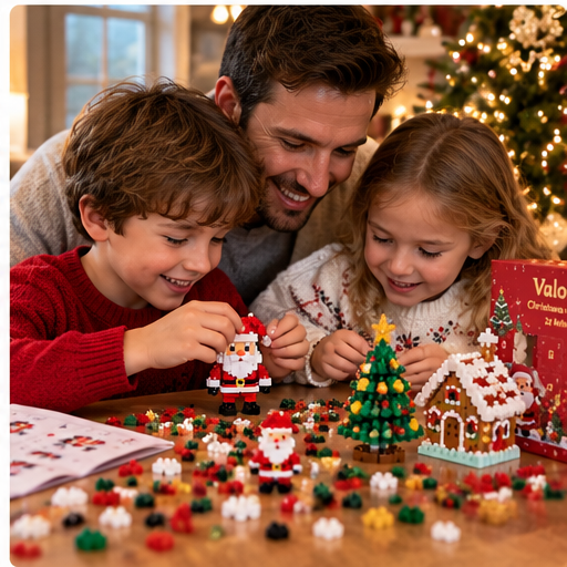 Happy family enjoying Christmas mini brick ornaments together