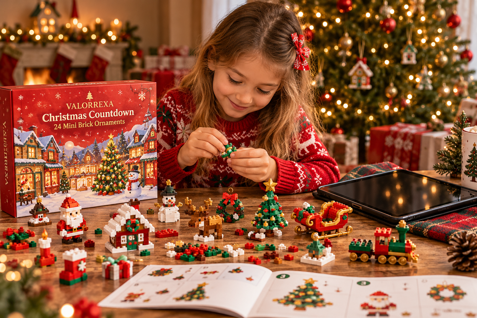 Happy child building Valorrexa Christmas brick ornaments beside a red Christmas countdown box