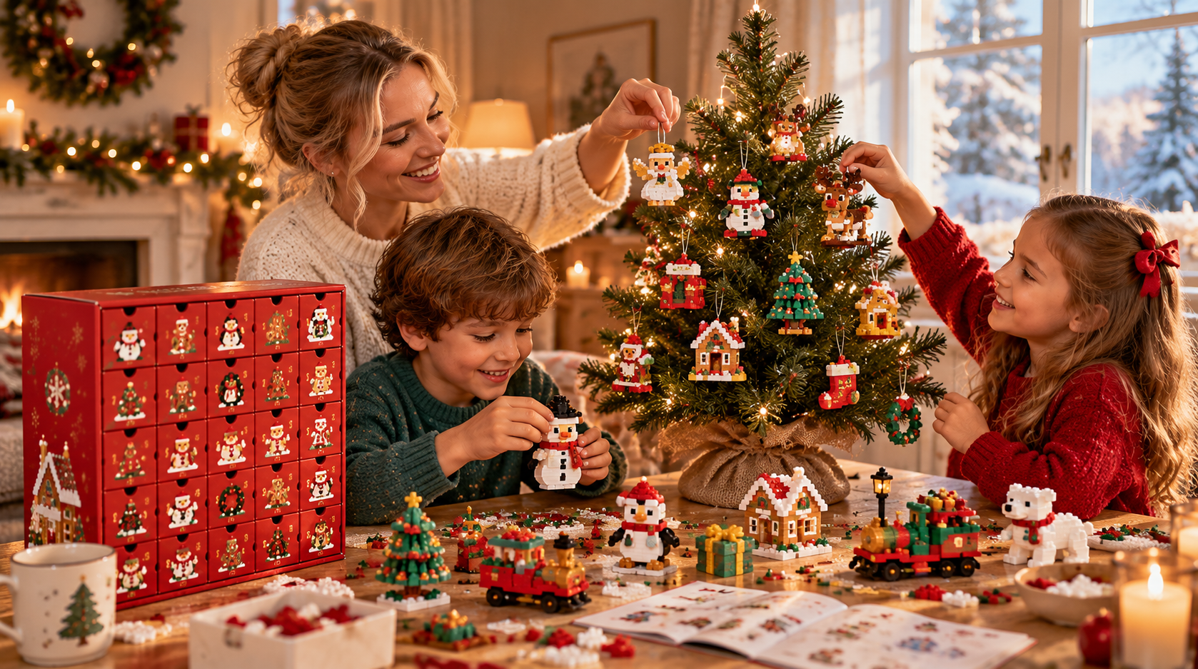 Family decorating a Christmas tree with mini brick ornaments