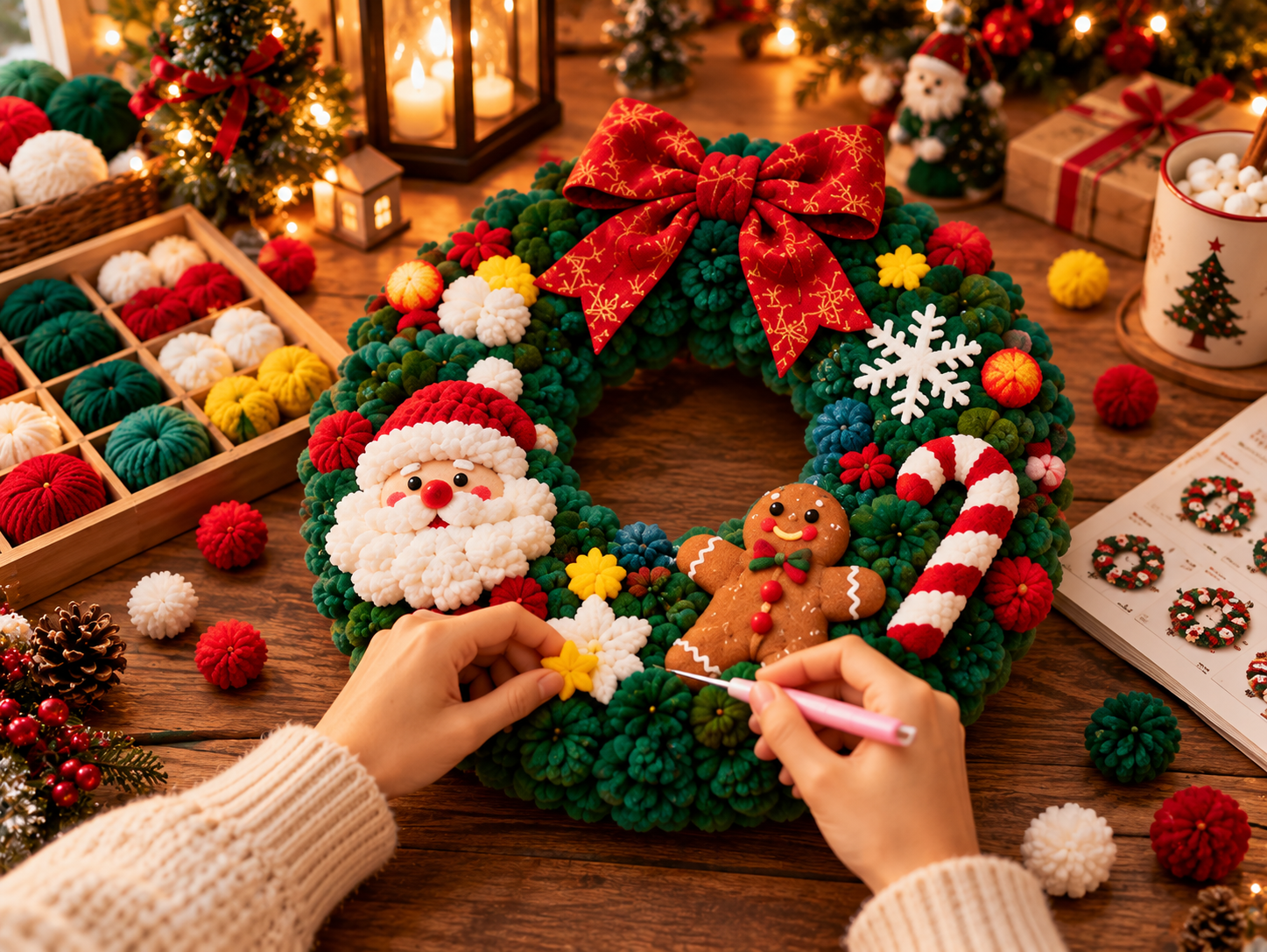 Creating a handmade Christmas wreath with colorful fabric pieces