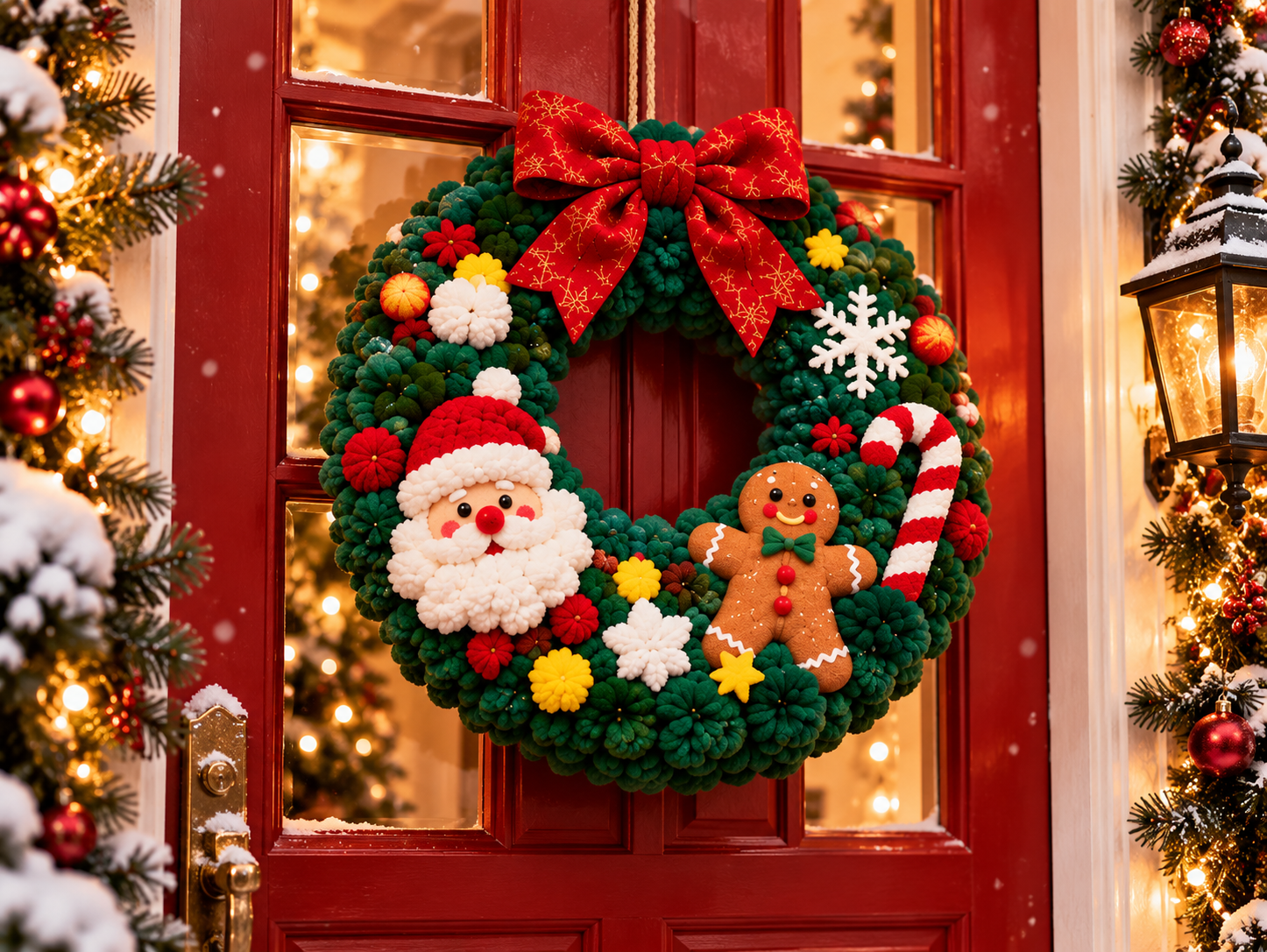 Finished handmade Christmas wreath displayed on a decorated front door